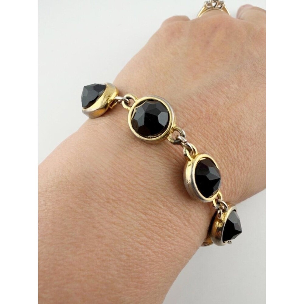 VTG Mixed Metal Black Faceted Stone Link Bracelet | 1960s Victorian Revival